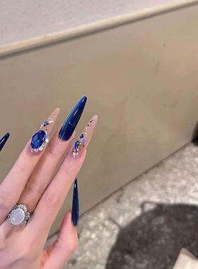 【藏海】蓝色系富家千金御姐风纯手工穿戴甲高级闪钻球清新美甲