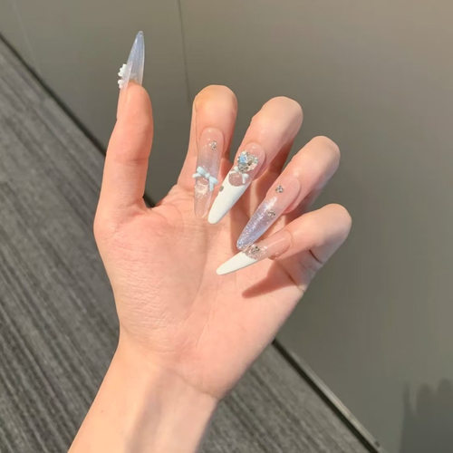 纯手作穿戴甲小清新海盐蓝蝴蝶结法式甲片温柔仙女风纯欲显白美甲