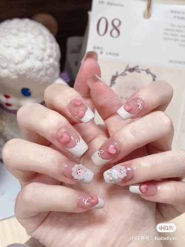 纯手工穿戴甲法式爱心小羊短款穿戴甲