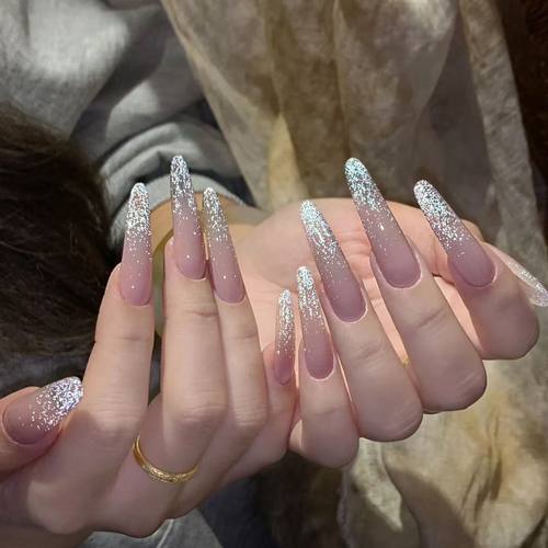 纯手工穿戴甲气质长款纯欲渐变爆闪美甲可拆卸光疗甲成品星河闪烁