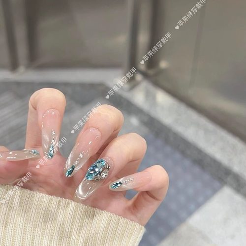 纯手工穿戴甲蓝眼泪新款猫眼闪钻百搭甲片蓝色鸽子蛋高级显白美甲