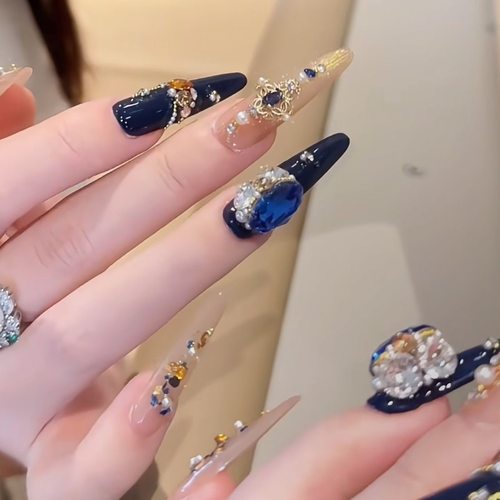 豪门贵女宫廷风轻奢复古蓝钻氛围感手工美甲穿戴甲气质御姐美甲贴