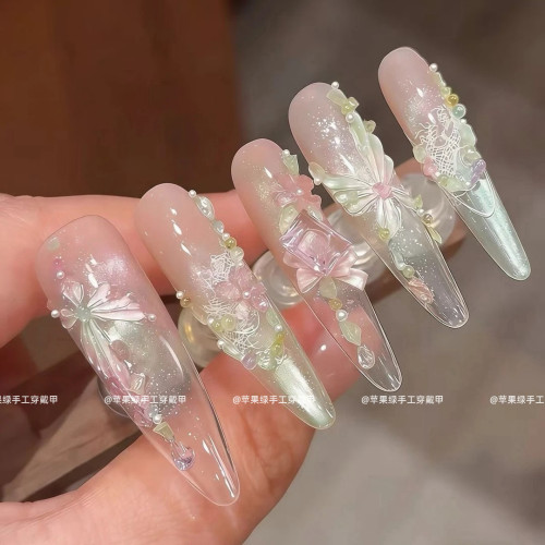 春日来信～琉璃冰花温柔显白纯欲侧光猫眼手捏立体冰花锆石穿戴甲
