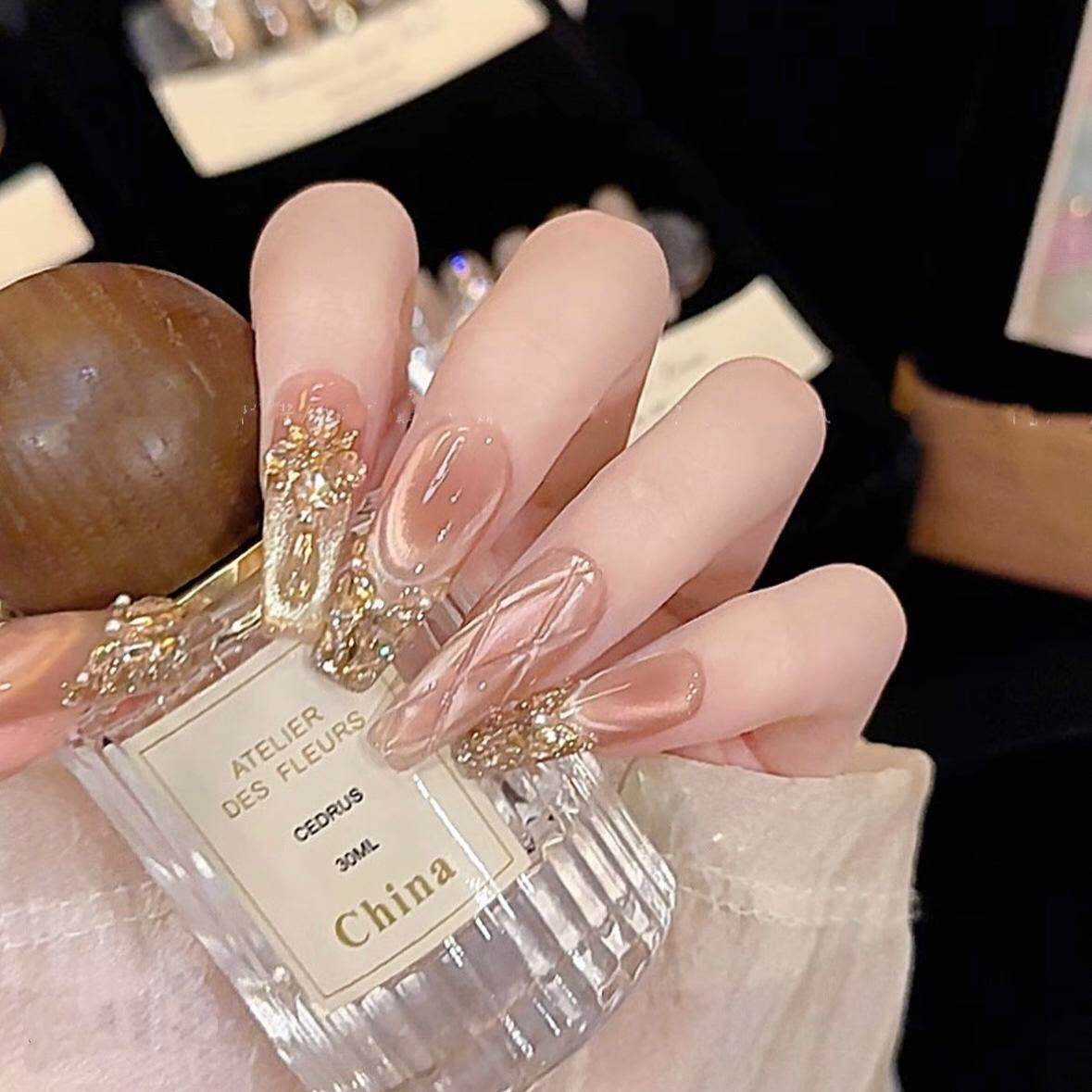 【烁玉流金】纯手工穿戴甲轻奢高级感满钻爆闪鎏金猫眼纯手作美甲
