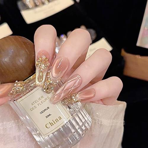 【烁玉流金】纯手工穿戴甲轻奢高级感满钻爆闪鎏金猫眼纯手作美甲