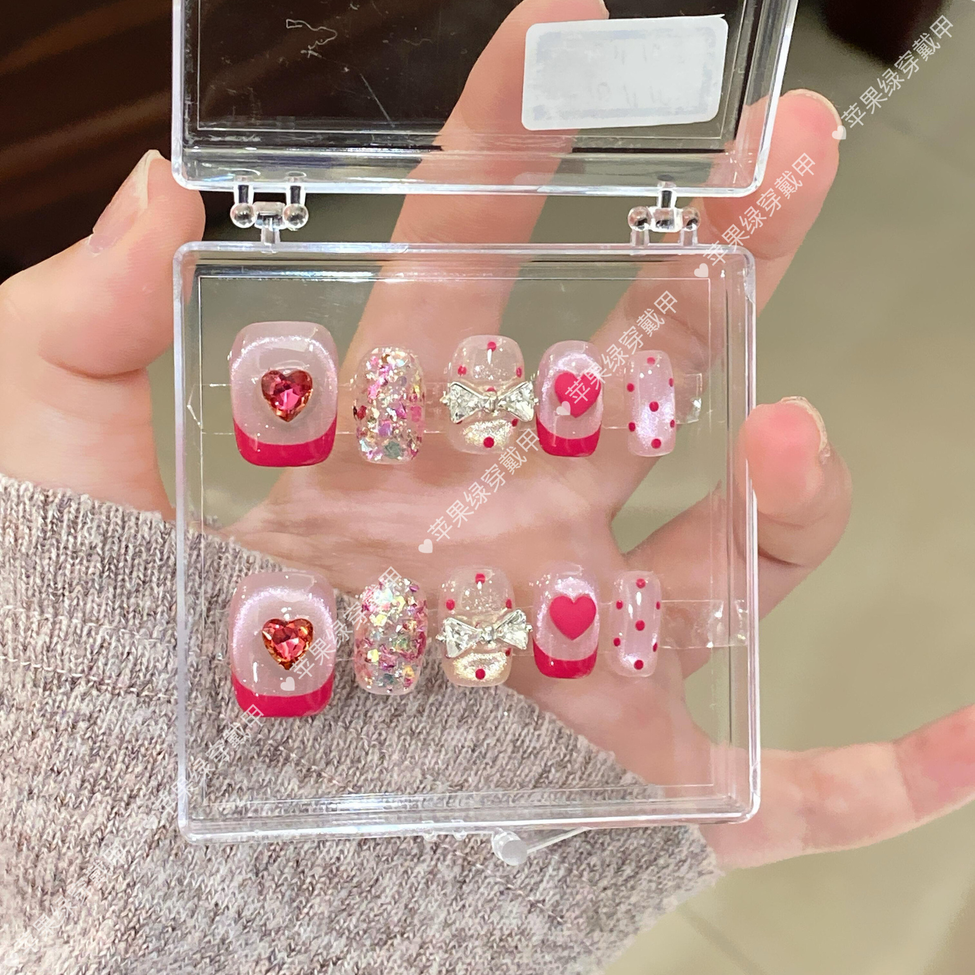 【甜心少女】纯手工美甲穿戴甲桃心法式可爱波点冰玫色夏日火龙果