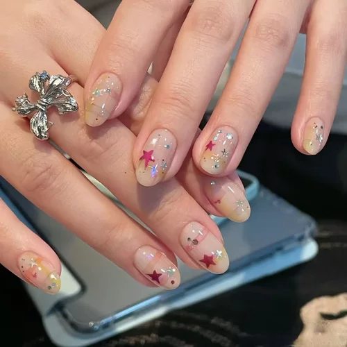 纯手工穿戴甲彩色星星格纹小众ins亮片细闪气质甜酷显白美甲