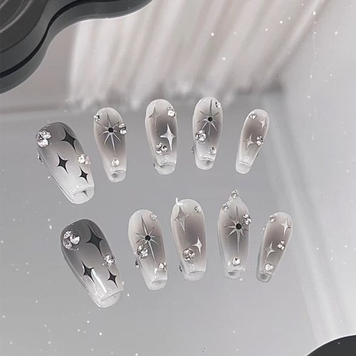 清冷感气质款穿戴甲超闪四芒星新款金属辣妹闪钻未来感手工穿戴甲