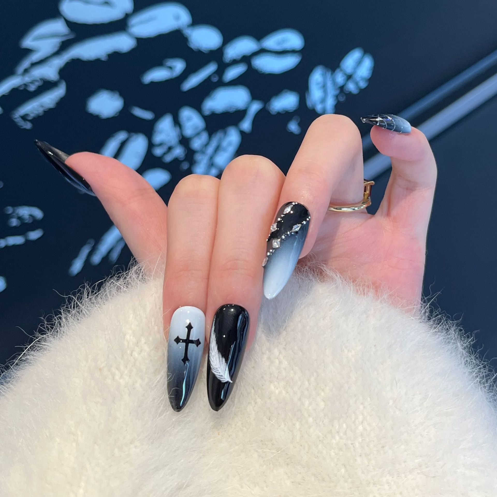 【天使之翼】个性甜酷穿戴甲甲片黑白渐变美甲假指甲纯手作