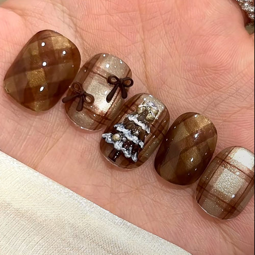 纯手工穿戴甲纯手工穿戴甲棕色蝴蝶结卡通可爱款圣诞节可拆卸甲片