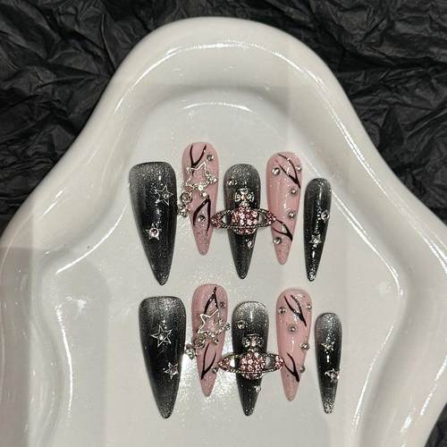 夏日爆闪美甲粉心球辣妹千禧小众甜酷猫眼锆石满钻高级手工穿戴甲