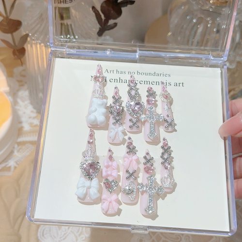 『5.5东渡云梦』浅粉色蕾系美甲涩谷蝴蝶结辣妹十字架水钻穿戴甲