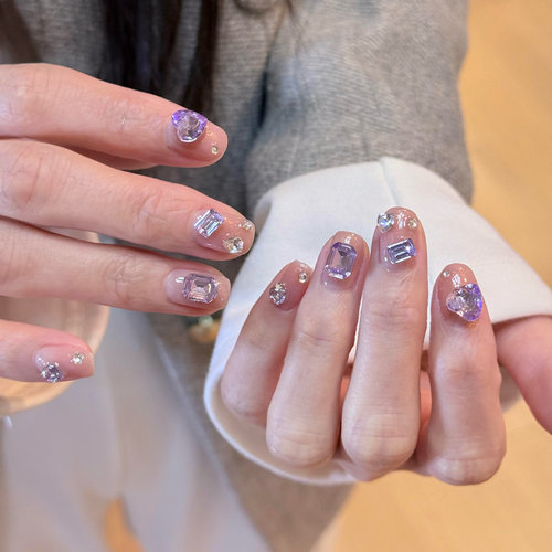 小猴紫纯手工秋冬穿戴甲片紫色满钻拼钻美甲爆闪立体钻短款美甲