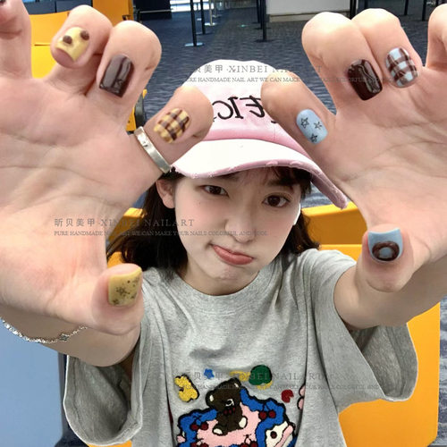 心可爱童趣小短甲蓝黄AB款格纹手工穿戴甲捏捏立体造型美甲