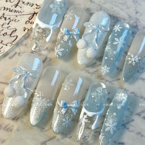 【冬季情书】纯手工穿戴甲石质感晶钻猫眼雪花秋冬氛围感秋冬美甲