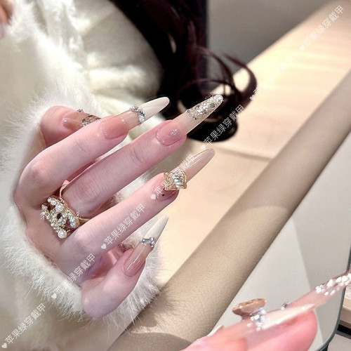 暖黄法式手工穿戴甲细狗长款猫眼爆闪钻美甲裸色假指甲可拆卸甲片