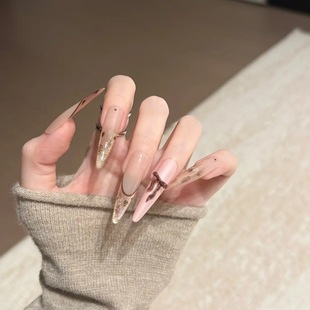 纯手工穿戴甲裸粉金闪法式 豹纹轻奢高级感蝴蝶结百搭显白美甲贴片