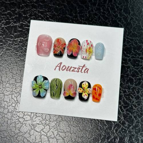 重工立体夏日度假风立体雕花彩绘欧美风短短梯高级感手工穿戴甲