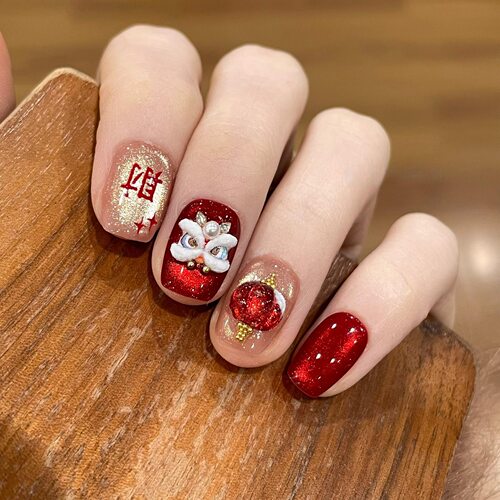 新年款醒狮纯手工穿戴甲ins风短款美甲假指甲贴片纯手作美甲贴片