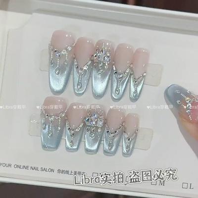 【星穹冠冕·蓝眼泪】纯手工穿戴甲轻奢满钻高级感爆闪猫眼美甲贴