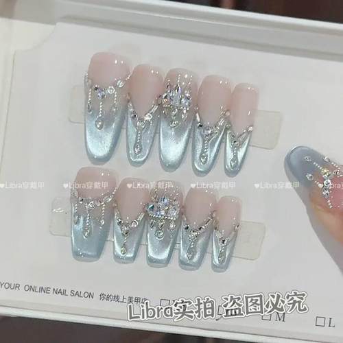 【星穹冠冕·蓝眼泪】纯手工穿戴甲轻奢满钻高级感爆闪猫眼美甲贴