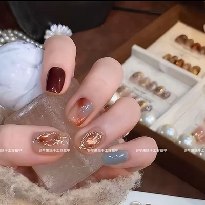 【枫桥夜泊】浮雕晕染猫眼ins风秋冬纯手工穿戴甲短款款美甲贴片