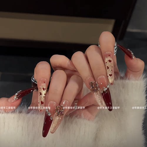 【蔷薇心事】冬日浪漫酒红斜边法式爆闪链条玫瑰金猫眼星锆穿戴甲