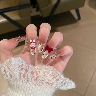 纯手工穿戴甲立体小兔锆石猫眼高级显白纯手作美甲片 月兔派对
