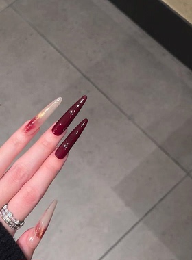 纯手工穿戴甲显白长款美甲暗夜玫瑰酒红晕染御姐大女主红色甲片