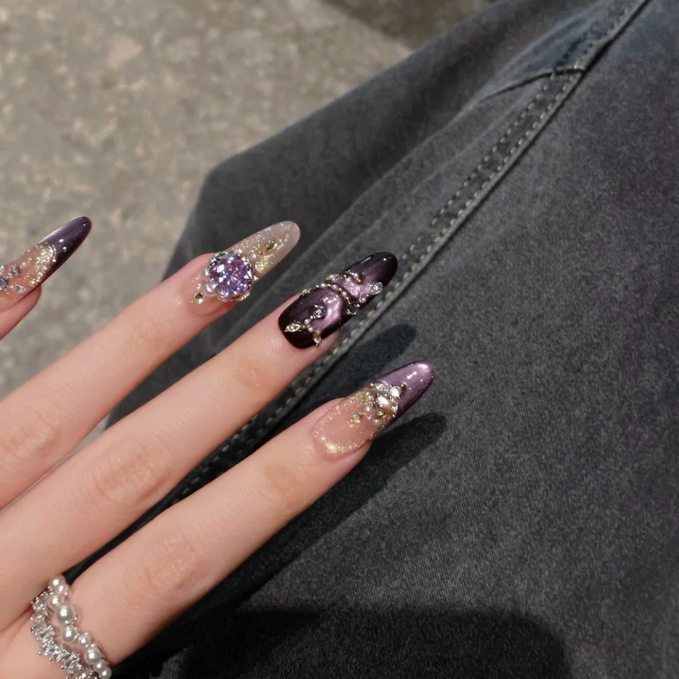 【烟紫流光】纯手工穿戴甲轻奢锆石拼钻猫眼秋冬新款重工美甲贴片