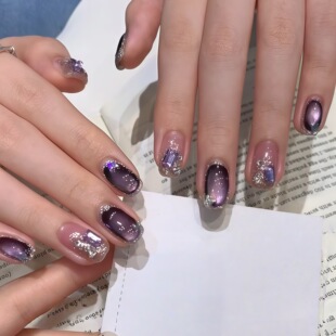 ins风爆闪紫猫眼纯手工穿戴甲气质高级感显白成品美甲贴片假指甲