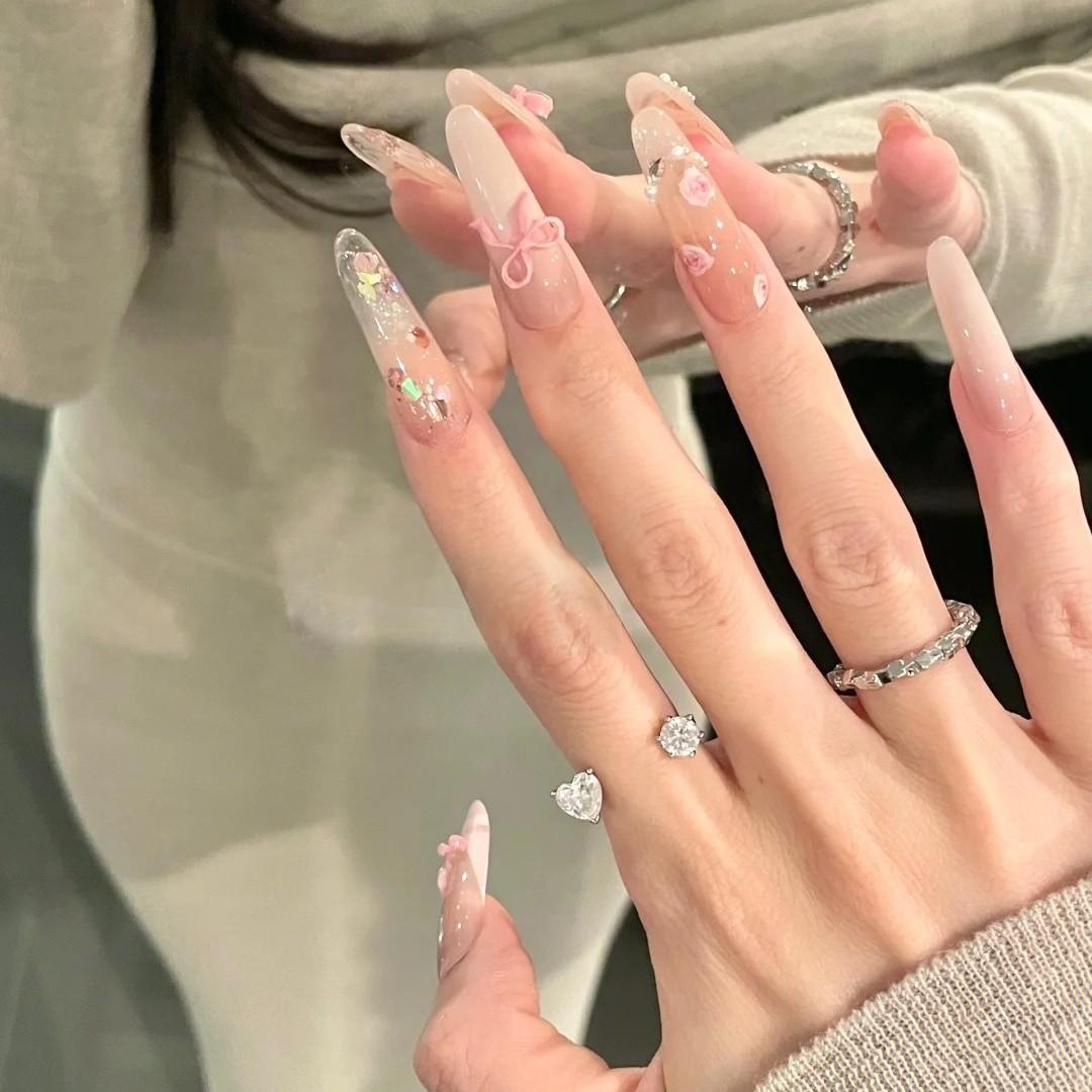 纯手工穿戴甲夏日小清新温柔晕染立体蝴蝶结玫瑰格纹气质美甲贴片