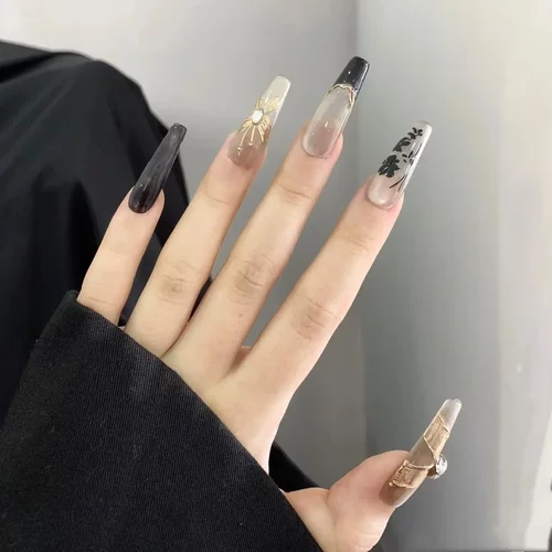 纯手工穿戴甲甜酷辣妹黑色美甲猫眼暗黑法式显白手绘魔镜蝴蝶美甲