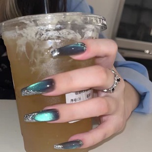 纯手工穿戴甲甜酷风液态金属银黑洞晶石电光薄荷猫眼辣妹显白美甲