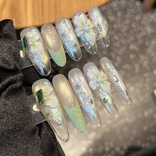 【青禾在野】纯手工小清新薄荷绿醋酸穿戴甲猫眼法式立体花朵美甲