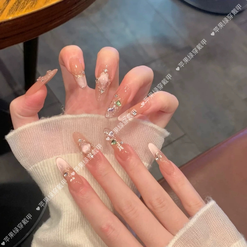 纯手工穿戴甲梦幻宝石粉色玻璃珠猫眼高级感贵气显白仙女穿戴美甲