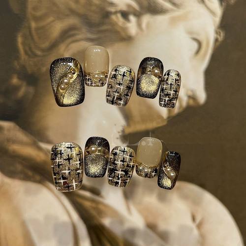 奢香夫人｜法式小香风穿戴甲 灰黑猫眼珍珠穿戴甲 秋冬美拉德美甲