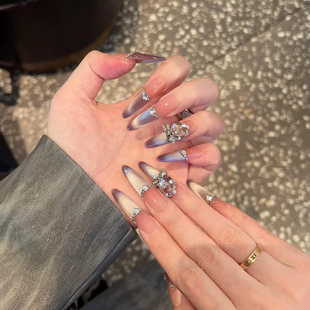 猫眼轻奢显白高级气质氛围纯手工穿戴甲 爆闪渐变法式 梦幻紫萝