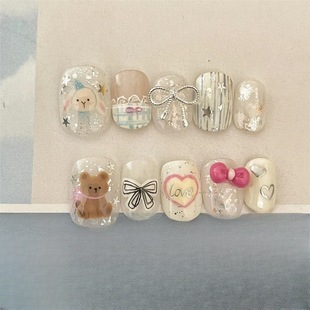 纯手工穿戴甲夏日敲甜甜心新款 亮闪闪手绘学生ins可爱贴片穿戴可