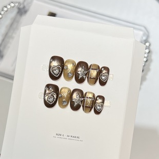 咖色猫眼锆石爱心美甲 可爱ins穿戴甲星星甲片短款 摩登星光