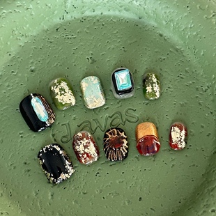 复古金属巴比伦风格 显白手工穿戴甲手作美甲贴 魔镜粉造型短甲AB款