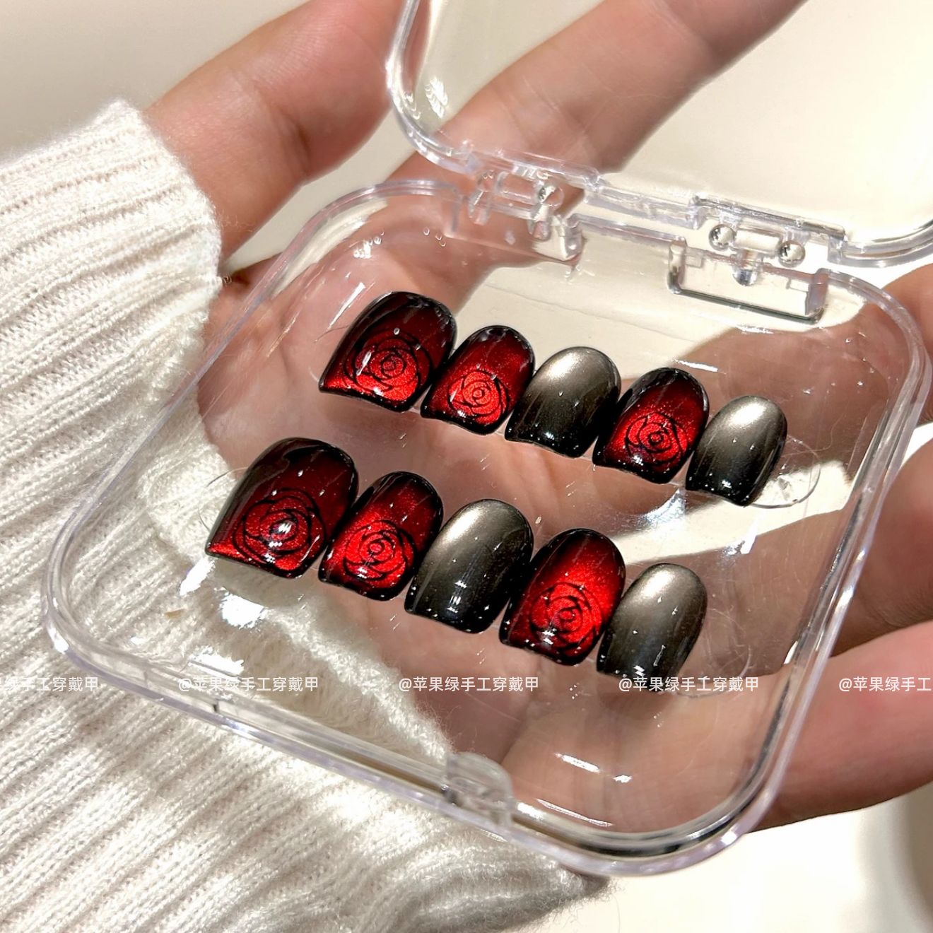 夜玫瑰 血红玻璃珠子手绘玫瑰猫眼爆闪纯手工穿戴甲精品高货