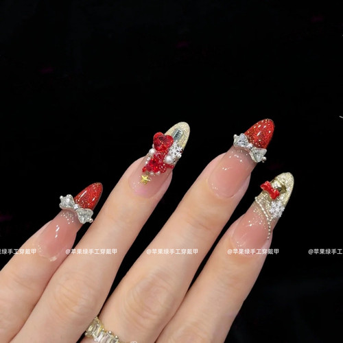 【红铃圣诞雪】高级感红色铜铃铛圣诞树猫眼纯手工穿戴美甲甲片
