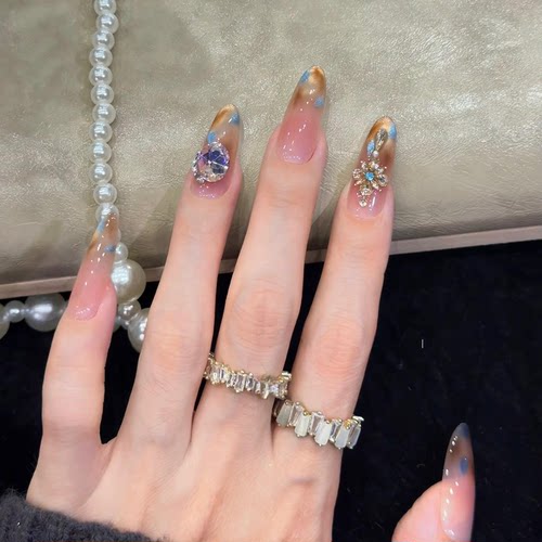 【 海盐琥珀】新款秋冬纯手工穿戴甲猫眼美甲贴片可拆卸指甲贴片