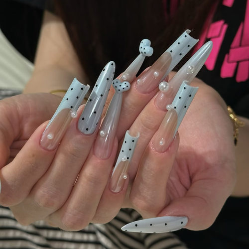 欧美风长水管甲片长尖浅蓝渐变波点立体爱心珍珠高级纯手工穿戴甲