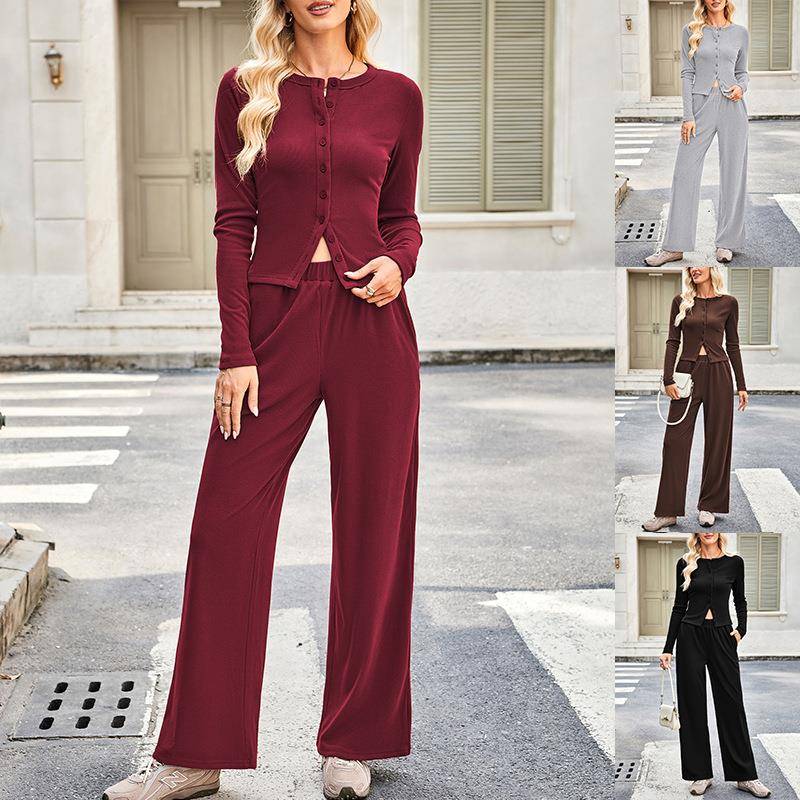 跨境欧美女装2025秋冬休闲螺纹长袖圆领纽扣上衣松紧腰阔腿裤套装