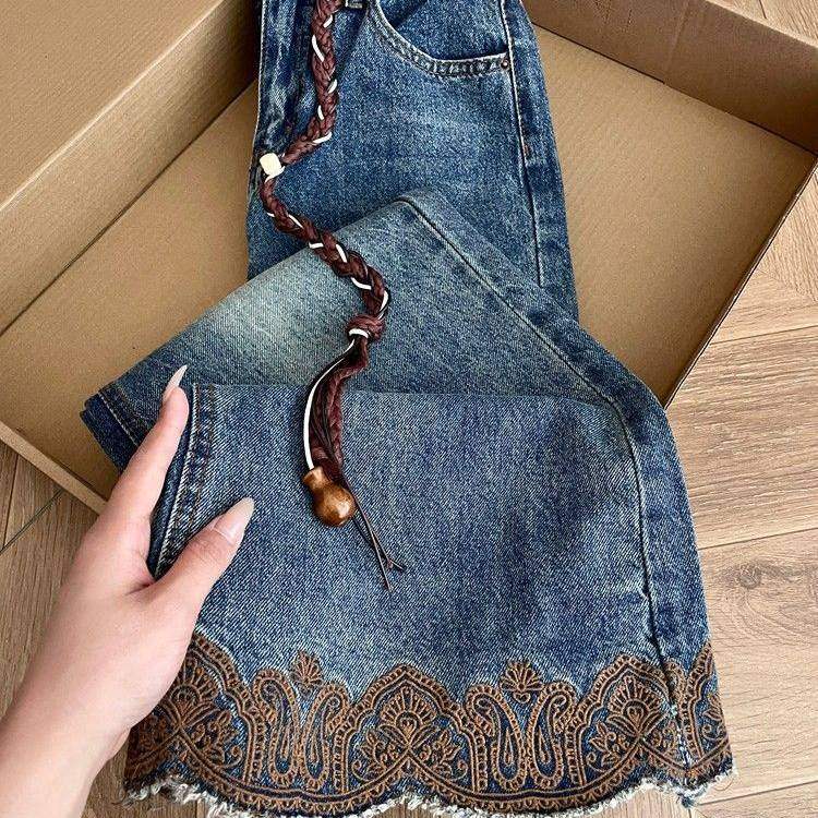 设计感蓝色高腰显瘦阔腿裤气质2026冬季大码美式复古刺绣牛仔裤女,女装/女士精品,牛仔裤,淘宝优惠券,粉丝福利购,淘宝优惠卷