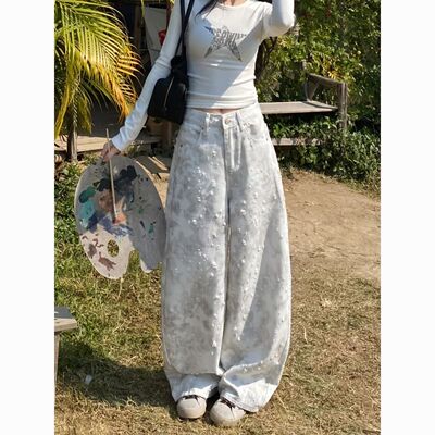 小个子美式复古高腰阔腿牛仔裤女