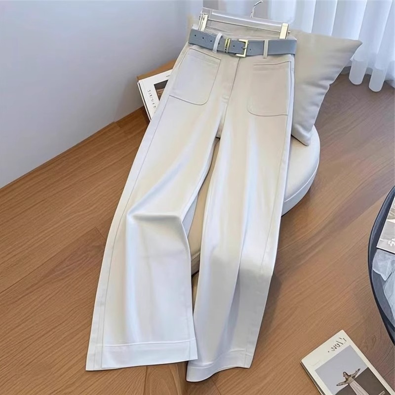 时尚百搭休闲裤白色阔腿牛仔裤女装春夏季新款高腰窄版直筒裤长裤