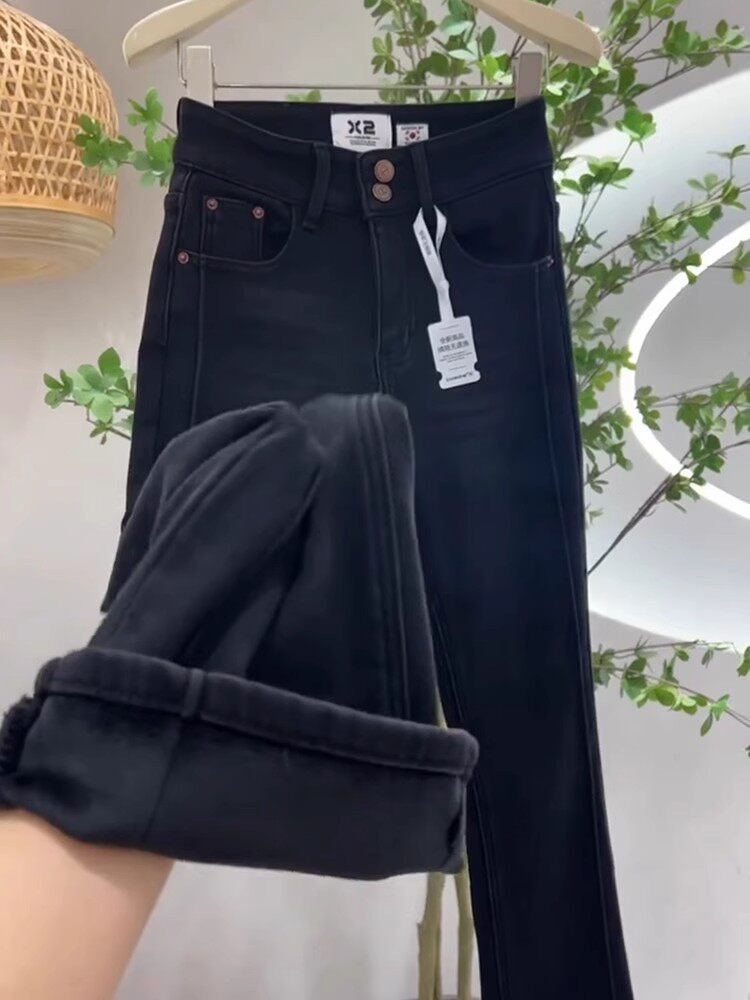加绒加厚黑色微喇叭牛仔裤女2025年春夏新款设计感高腰显瘦长裤